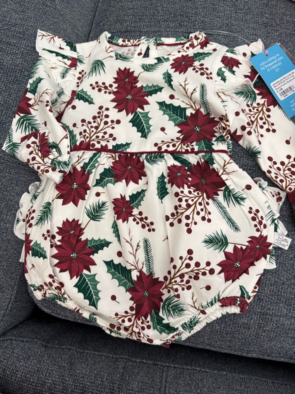 RuffleButts Poinsettia Bubble Romper - Cream & Burgundy